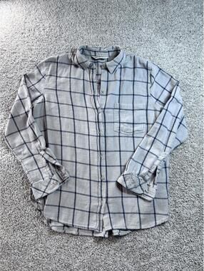 Sonoma Medium Gray and Navy Plaid Button-Up Shirt